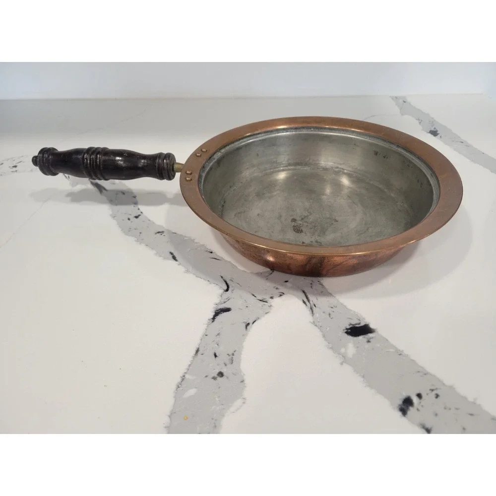 VINTAGE COPPER TIN Lined WOOD Handle COOKING Pan With Brass 9 1/2 Inch Diameter